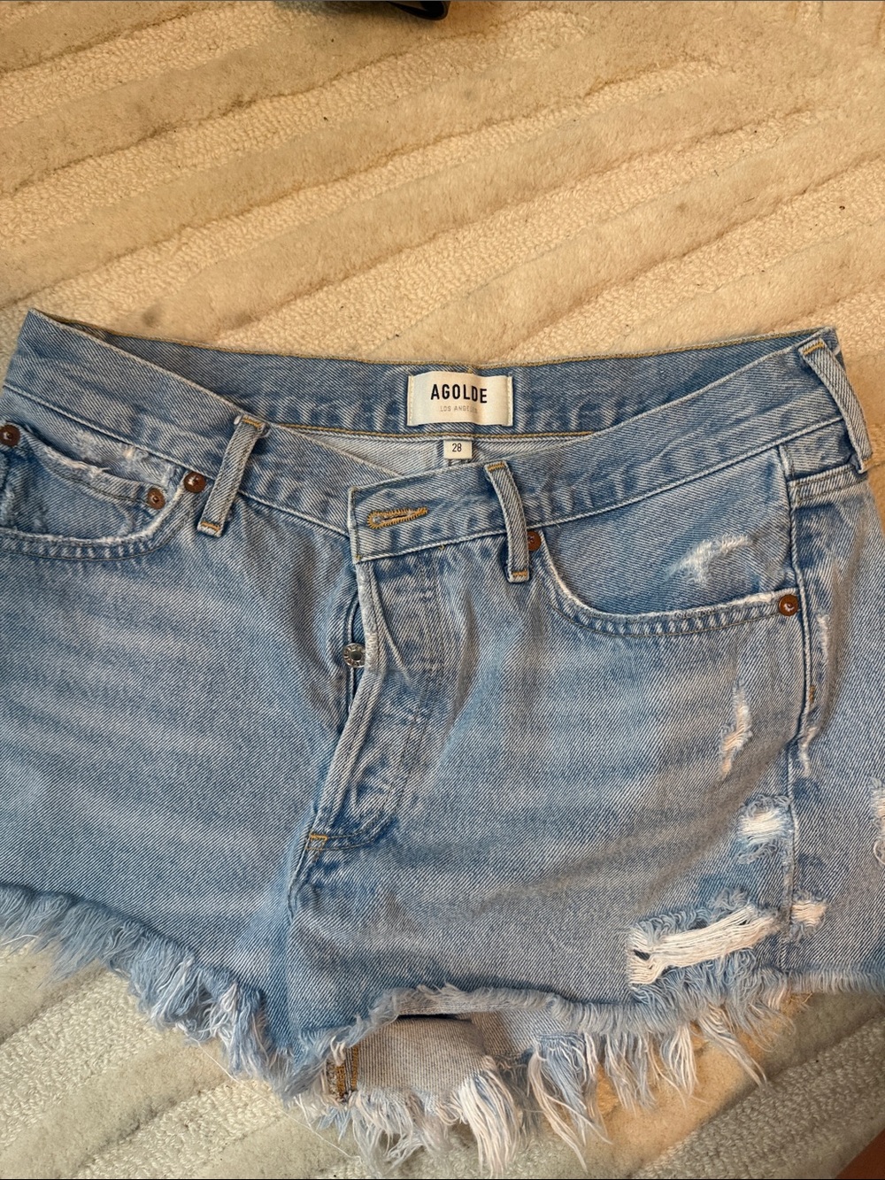 Agolde Light Blue Distressed Denim Cutoff Shorts